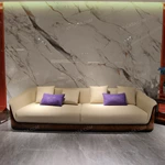 Cream & Red Leather Sofa Set with Diamond Quilted Craftsmanship, Natural Burl Wood Veneer & Gold Stainless Steel Trim